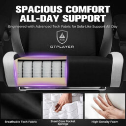 Luckracer Fabric Gaming Chair With Footrest, Ergonomic Computer Desk Chair With Pocket Spring Cushion Home Office Chair, Black - thumbnail 5
