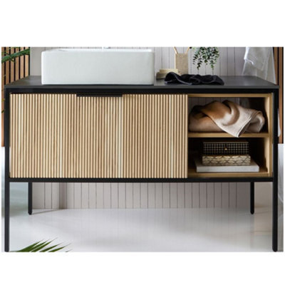 Homestylestore Black And Light Oak 1200mm Bathroom Fluted Vanity Unit And 490 X 390mm Rectangular Countertop Basin - image 1