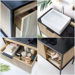 Homestylestore Black And Light Oak 1200mm Bathroom Fluted Vanity Unit And 490 X 390mm Rectangular Countertop Basin - thumbnail 4