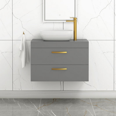 Royal Bathrooms 800mm Wall Hung Vanity Unit 2 Drawer Indigo Grey Gloss & Elva Countertop Basin With Brushed Brass Handle - image 1