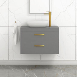 Royal Bathrooms 800mm Wall Hung Vanity Unit 2 Drawer Indigo Grey Gloss & Elva Countertop Basin With Brushed Brass Handle - thumbnail 1