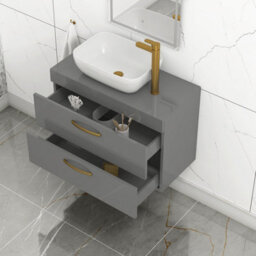 Royal Bathrooms 800mm Wall Hung Vanity Unit 2 Drawer Indigo Grey Gloss & Elva Countertop Basin With Brushed Brass Handle - thumbnail 3