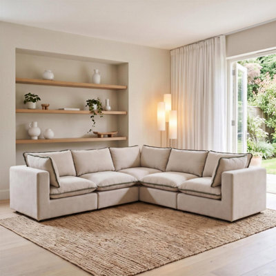 Furniturebox Uk Echo Cream & Green Trim Linen-Look Fabric 4 Seater Modular Corner Sofa - image 1