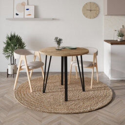 Decortie Modern Xana Round Dining Table Up To 4 Seater Black Metal 4 Legs Kitchen Table Of 90X77.5Cm Natural Oak - thumbnail 4