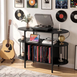 Black Large Record Player Stand Turntable Stand With Led Lights And Charging Station - thumbnail 3