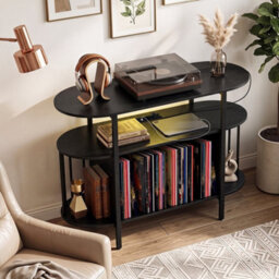 Black Large Record Player Stand Turntable Stand With Led Lights And Charging Station - thumbnail 5