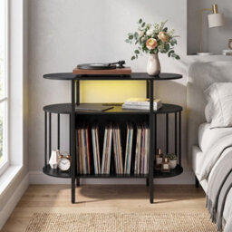 Black Large Record Player Stand Turntable Stand With Led Lights And Charging Station - thumbnail 4