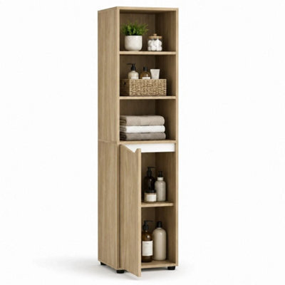Oak & White 140Cm 5 Tier Tall Bathroom Storage Cabinet Cupboard Slim Freestanding Tower Unit - image 1
