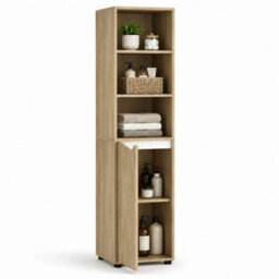 Oak & White 140Cm 5 Tier Tall Bathroom Storage Cabinet Cupboard Slim Freestanding Tower Unit - thumbnail 1