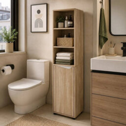 Oak & White 140Cm 5 Tier Tall Bathroom Storage Cabinet Cupboard Slim Freestanding Tower Unit - thumbnail 5