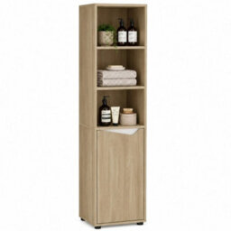 Oak & White 140Cm 5 Tier Tall Bathroom Storage Cabinet Cupboard Slim Freestanding Tower Unit - thumbnail 3