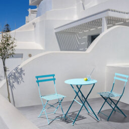Beliani Blue Metal Folding 3-Piece Bistro Set With Slatted Chairs - Compact Balcony Table And 2 Chairs - thumbnail 2