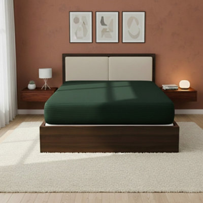 Satin Stripe Soft Touch Fitted Sheet 40Cm Extra Deep Skirt Bed Linen Green - image 1
