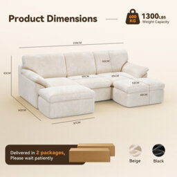 Onemill 5 Seats U-Shaped Sectional Sofa Boneless Couch Cloud Comfy Modular Sofa, Flexible Combination-Beige - thumbnail 3