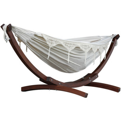 Vivere Double Cotton Hammock With Solid Pine Stand (260Cm) - Natural With Fringe - image 1