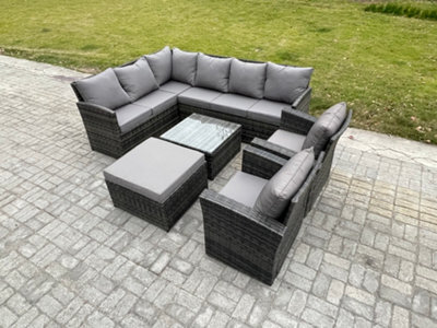Fimous Rattan Garden Furniture Sets High Back Corner Sofa Square Coffee Table Set With Big Footstool 2 Armchairs - image 1