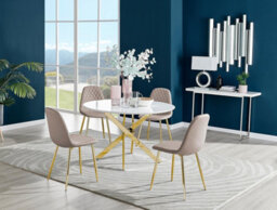 Furniturebox Uk Novara White Gloss Gold Leg 120Cm Round Dining Table & 4 Cappuccino Corona Gold Leg Chairs - thumbnail 1