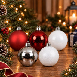 Decoris Pack Of 30 Christmas Tree Baubles Shatterproof Red White Silver - thumbnail 8