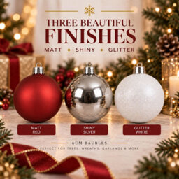 Decoris Pack Of 30 Christmas Tree Baubles Shatterproof Red White Silver - thumbnail 3
