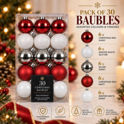 Decoris Pack Of 30 Christmas Tree Baubles Shatterproof Red White Silver - thumbnail 4
