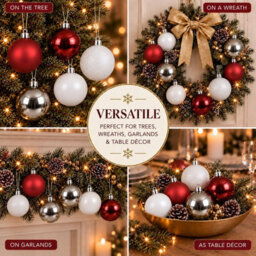 Decoris Pack Of 30 Christmas Tree Baubles Shatterproof Red White Silver - thumbnail 7