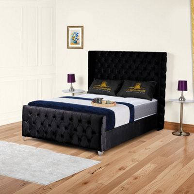 UKBEDFURNITURE Windsor Wingback Black Plush Valvet Upholstered Bed Frame Only - Slatted Base - 48 Inch Headboard - image 1
