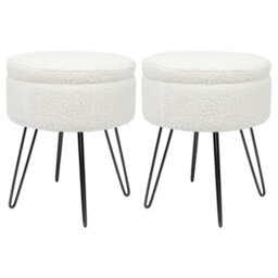 Harbour Housewares 2X Boucle Storage Footstools - Round Modern Dressing Table Footstool Vanity Seat Chairs - 46 X 37Cm Black Legs - thumbnail 1
