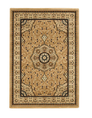 Beige Traditional Rug, Bordered Floral Rug, Stain-Resistant Luxurious Rug For Bedroom, & Diningroom-67Cm X 240Cm (Runner)
