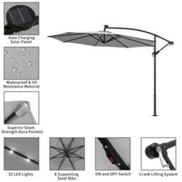 Living And Home 3M Led Lighted Large Garden Patio Cantilever Parasol Sun Shade Banana Umbrella Crank Tilt No Cross Base, Light Grey - thumbnail 4