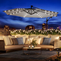 Living And Home 3M Led Lighted Large Garden Patio Cantilever Parasol Sun Shade Banana Umbrella Crank Tilt No Cross Base, Light Grey - thumbnail 1
