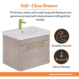 Plum&clay Emery Textured Grey Wall Hung Bathroom Vanity Unit & Basin Set With Gold Handles (W)50Cm (H)46Cm - thumbnail 4