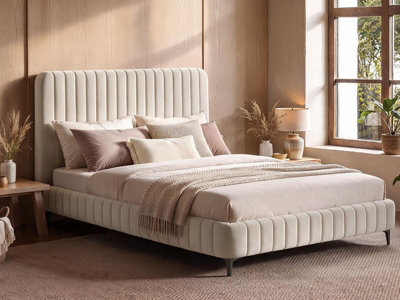 Solace+Co Adelaide Fluted Upholstered Bed Frame, Double, Beige Corduroy - image 1