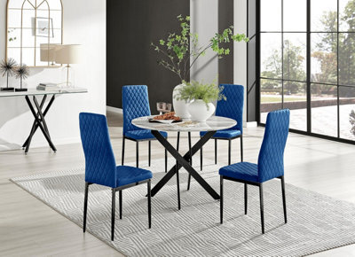 Furniturebox Uk Novara White Marble Black Leg Round Dining Table & 4 Navy Velvet Milan Black Leg Chairs - image 1