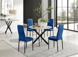 Furniturebox Uk Novara White Marble Black Leg Round Dining Table & 4 Navy Velvet Milan Black Leg Chairs