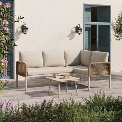 Abrihome Garden Set, Wood-Look Tempered Glass Table, Convertible 4 Seater Polyester Rope Conversation Set With Sofa And Armchairs, Beige - image 1