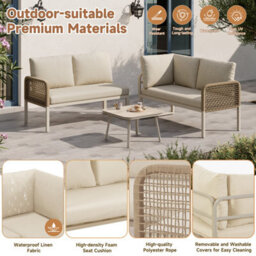 Abrihome Garden Set, Wood-Look Tempered Glass Table, Convertible 4 Seater Polyester Rope Conversation Set With Sofa And Armchairs, Beige - thumbnail 2