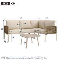 Abrihome Garden Set, Wood-Look Tempered Glass Table, Convertible 4 Seater Polyester Rope Conversation Set With Sofa And Armchairs, Beige - thumbnail 6