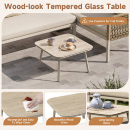 Abrihome Garden Set, Wood-Look Tempered Glass Table, Convertible 4 Seater Polyester Rope Conversation Set With Sofa And Armchairs, Beige - thumbnail 5