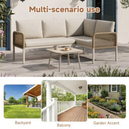 Abrihome Garden Set, Wood-Look Tempered Glass Table, Convertible 4 Seater Polyester Rope Conversation Set With Sofa And Armchairs, Beige - thumbnail 4