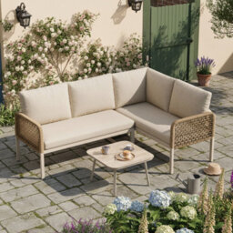 Abrihome Garden Set, Wood-Look Tempered Glass Table, Convertible 4 Seater Polyester Rope Conversation Set With Sofa And Armchairs, Beige - thumbnail 9