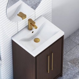 Royal Bathrooms Livora 500mm Walnut Woodgrain Floor Standing Vanity Unit 2 Door With Mid-Edge Basin & Brushed Brass Handle - thumbnail 5