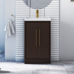 Royal Bathrooms Livora 500mm Walnut Woodgrain Floor Standing Vanity Unit 2 Door With Mid-Edge Basin & Brushed Brass Handle