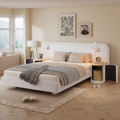 Abrihome Upholstered Double Bed With Built-In Nightstands & Reading Lights, 4Ft6 (135X190Cm), Velvet & Plywood, Beige - image 1