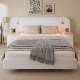 Abrihome Upholstered Double Bed With Built-In Nightstands & Reading Lights, 4Ft6 (135X190Cm), Velvet & Plywood, Beige - thumbnail 5