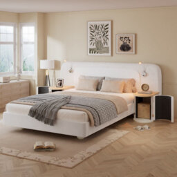 Abrihome Upholstered Double Bed With Built-In Nightstands & Reading Lights, 4Ft6 (135X190Cm), Velvet & Plywood, Beige