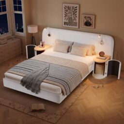 Abrihome Upholstered Double Bed With Built-In Nightstands & Reading Lights, 4Ft6 (135X190Cm), Velvet & Plywood, Beige - thumbnail 2