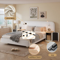 Abrihome Upholstered Double Bed With Built-In Nightstands & Reading Lights, 4Ft6 (135X190Cm), Velvet & Plywood, Beige - thumbnail 3