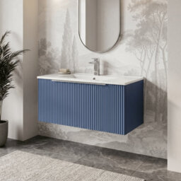 Balterley Tixall Fluted 1 Drawer Wall Hung Vanity Unit With Minimalist Basin, Satin Blue, 800mm - thumbnail 2