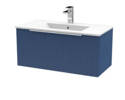 Balterley Tixall Fluted 1 Drawer Wall Hung Vanity Unit With Minimalist Basin, Satin Blue, 800mm