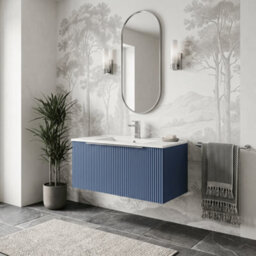 Balterley Tixall Fluted 1 Drawer Wall Hung Vanity Unit With Minimalist Basin, Satin Blue, 800mm - thumbnail 4